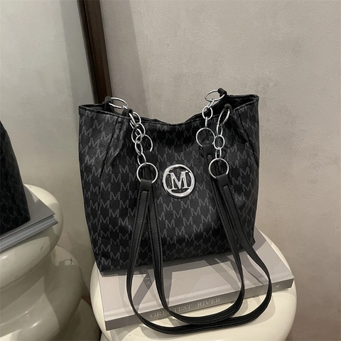 Women Minimalist Large Capacity Tote Bag PU Leather Monogram Printed Shoulder Bag With Metal Chain Commuting Handbag