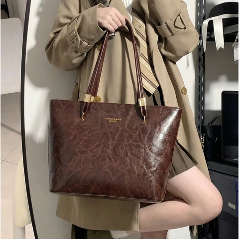 Women Large Capacity Retro Tote Bag Synthetic Leather Urban Simple Solid Color Commute Shoulder Bag Fashion Letter Print Handbag