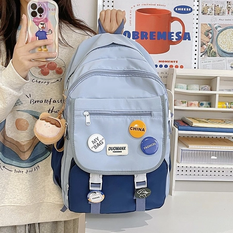 Nylon Schoolrugzak Voor Meisjes Koreaanse Stijl Kleurblokkering Casual Reistas Contraststiksels Studenten Boekentas