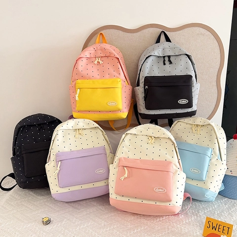 Sac à Dos à Pois de Style Preppy pour Étudiants Grande Capacité Sac d'École en Toile Bloc de Couleur Daypack de Voyage