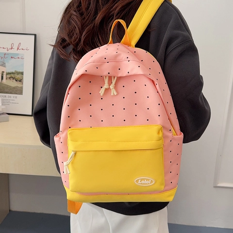 Sac à Dos à Pois de Style Preppy pour Étudiants Grande Capacité Sac d'École en Toile Bloc de Couleur Daypack de Voyage