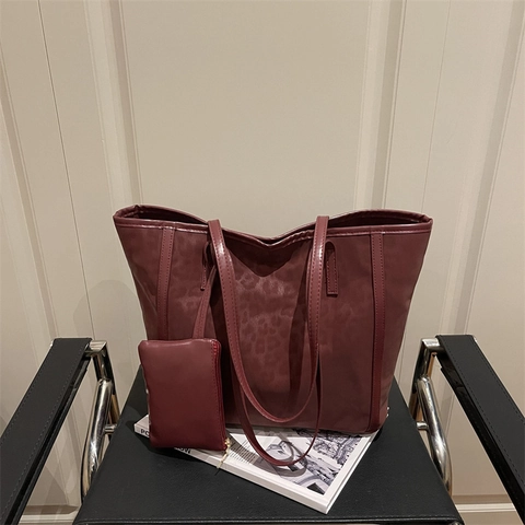 Damen Leopardenmuster Tote Bag Große Kapazität PU Leder Umhängetasche Pendler Vintage Zweiteiliges Set Handtasche Für Alltag