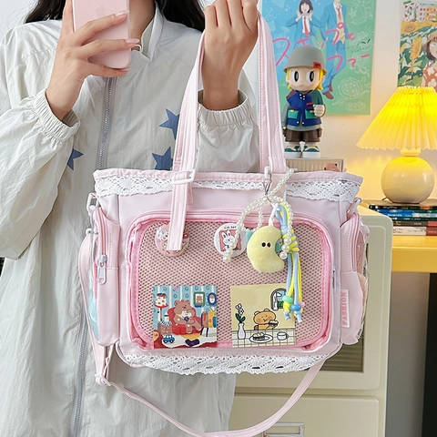 Japanische Ita-Tasche Damen Transparentes PVC-Fenster Spitzenverzierung Tragetasche Oxford-Stoff Umhängetasche Für Badges