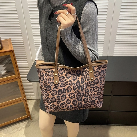 Damen Shopper Mit Leopardenmuster Große Kapazität Wildleder Tragetasche Retro Lässige Schultertasche Mit Braunen Henkeln