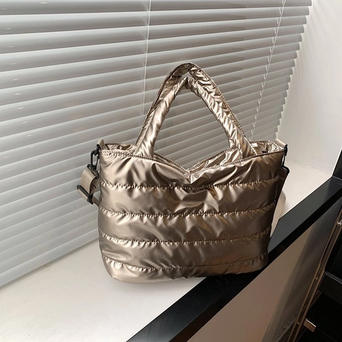 Women Metallic Puffer Tote Bag Quilted Large Capacity Space Cotton Shoulder Bag Glossy Handbag With Crossbody Strap