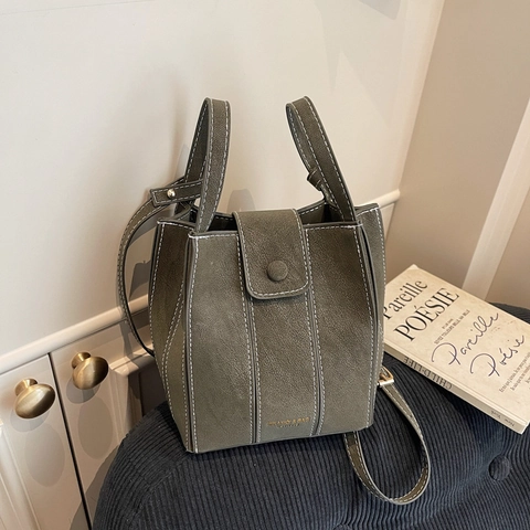 Bolso de Hombro Verde Mate Vintage para Mujer Costuras en Contraste Bolso de Mano de Piel Sintética Bandolera Bombonera con Asa