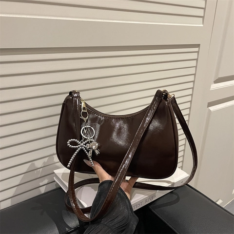 Bolso de Hombro Vintage para Mujer con Lazo de Perlas Bolso de Axila de Media Luna Cuero Sintético Color Sólido