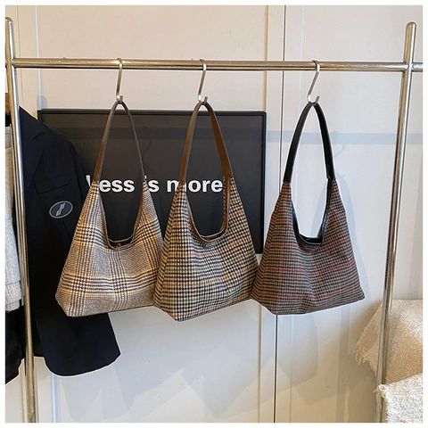 Women Retro Plaid Tote Bag Large Capacity Woolen Fabric PU Leather Trim Shoulder Bag Vintage Checked Hobo Bag Commuter Handbag