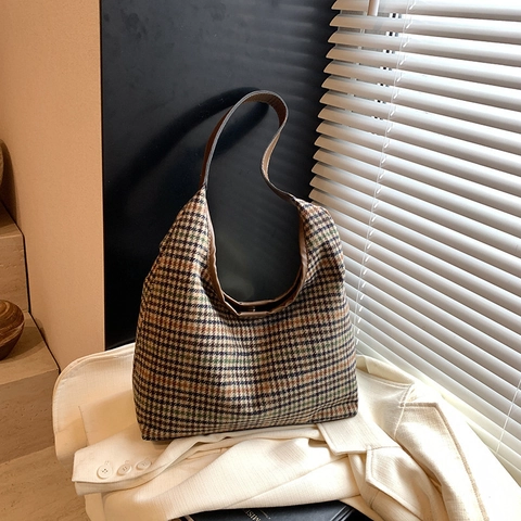 Vintage Plaid Damen Einkaufstasche Große Kapazität Herbst Winter Hahnentritt Wollen Schultertasche Retro Pendeln Handtasche