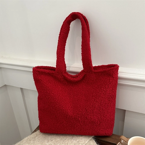 Women Large Capacity Fuzzy Lamb Wool Tote Bag Minimalist Soft Teddy Fleece Shoulder Bag Commuting Solid Color Handbag