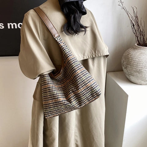 Vintage Plaid Damen Einkaufstasche Große Kapazität Herbst Winter Hahnentritt Wollen Schultertasche Retro Pendeln Handtasche