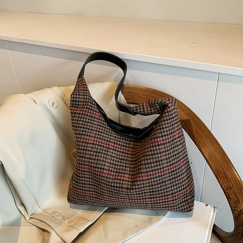 Large Capacity Houndstooth Plaid Shoulder Bag For Women Vintage Woolen Fabric Tote Hobo Bag With PU Leather Strap Autumn Bag