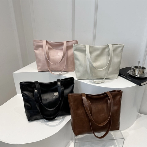 Bolso Tote de Cuero Sintético para Mujer Patchwork Gran Capacidad Bolso de Hombro Minimalista Color Sólido Estilo Retro