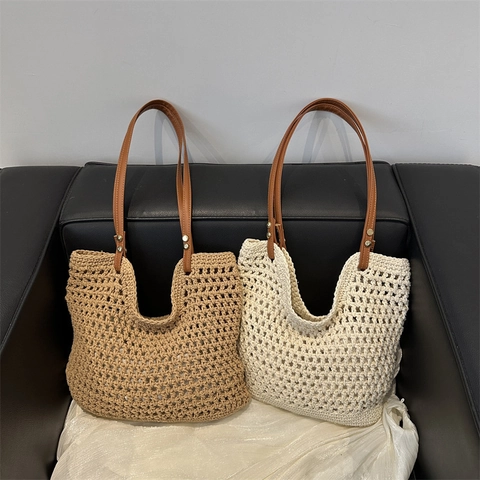 Donna Borsa Tote Tessuta Traforata in Cotone e Lino Tessuta a Mano Borsa a Spalla da Spiaggia Grande Capacità Estate Vacanza