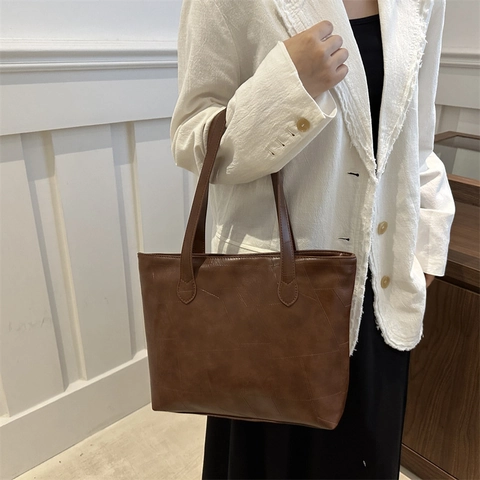 Bolso Tote de Cuero Sintético para Mujer Patchwork Gran Capacidad Bolso de Hombro Minimalista Color Sólido Estilo Retro