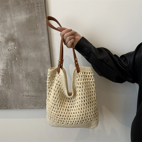 Donna Borsa Tote Tessuta Traforata in Cotone e Lino Tessuta a Mano Borsa a Spalla da Spiaggia Grande Capacità Estate Vacanza
