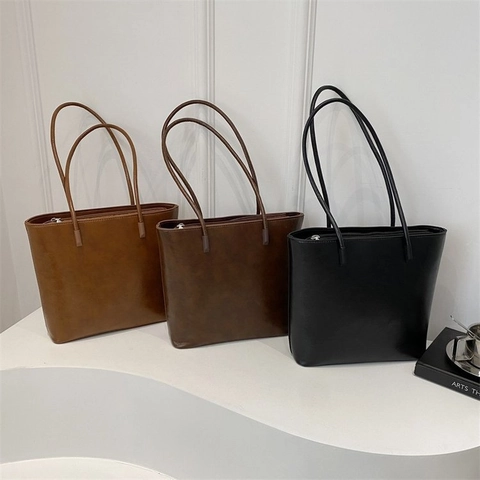 Women Urban Minimalist Microfiber PU Leather Bucket Bag Retro Large Capacity Commuter Shoulder Bag Solid Color Tote Bag