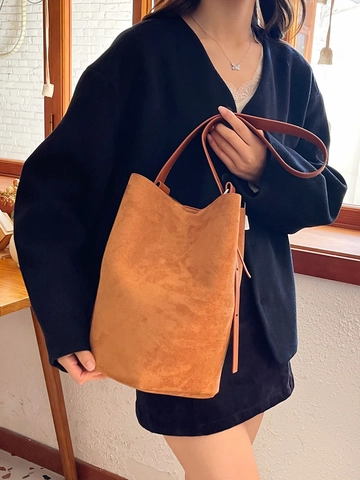 Borsa a Secchiello Vintage in Pelle Scamosciata Grande Capacità per Donna Retro Microfibra Tracolla Con Tasca Interna