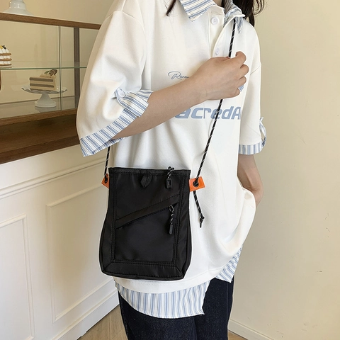 Sac Bandoulière en Nylon de Style Utilitaire Japonais pour Femmes Hommes Petit Sac Carré pour Téléphone Portable Bandoulière en Corde Contrastée