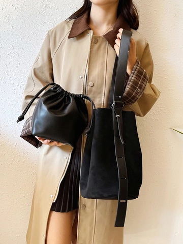 Borsa a Secchiello Vintage in Pelle Scamosciata Grande Capacità per Donna Retro Microfibra Tracolla Con Tasca Interna