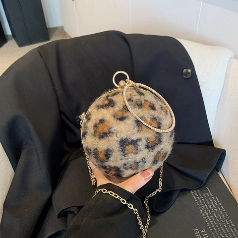 Borsa a Mano Rotonda a Palla in Peluche con Stampa Leopardata Manico ad Anello con Strass Tracolla a Catena Donna Gioielli Moda