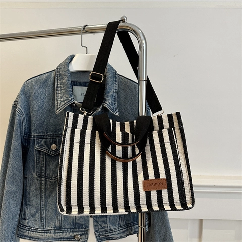 Vertikal Gestreifte Segeltuch Tragetasche Große Kapazität Umhängetasche Casual Damen Schultertasche Mode Gestreifte Tasche