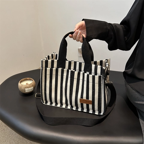 Vertical Striped Canvas Tote Bag Large Capacity Crossbody Handbag Casual Commuter Shoulder Bag For Women Fashion Striped Bag