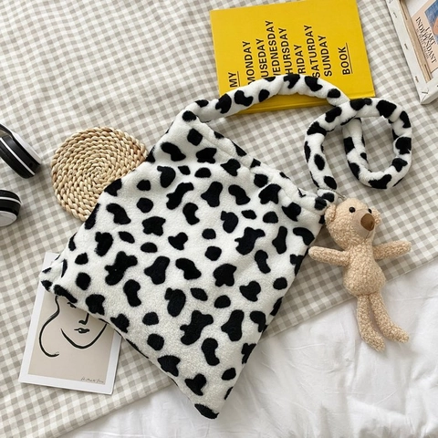 Lindo Bolso de Hombro de Peluche con Estampado de Vaca Estilo Coreano Bolso Cruzado de Piel Sintética con Dije de Oso Pequeño para Mujer