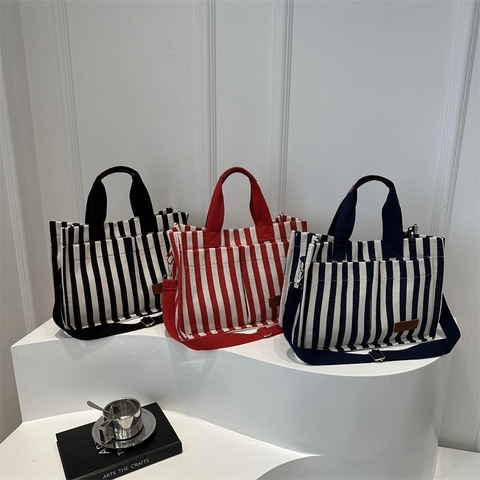 Women Fashion Striped Canvas Tote Bag Large Capacity Commuting Shoulder Bag With Leather Patch Adjustable Strap Handbag