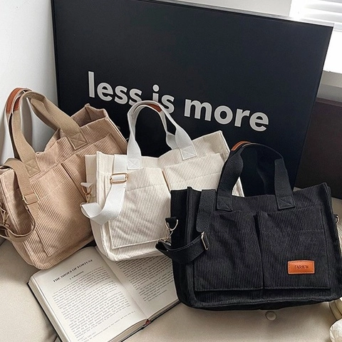 Borsa Tote in Velluto a Coste da Donna Grande Capacità Minimalista Borsa a Tracolla Con Tracolla Regolabile Casual per Donna