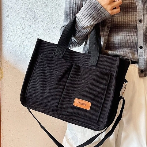 Borsa Tote in Velluto a Coste da Donna Grande Capacità Minimalista Borsa a Tracolla Con Tracolla Regolabile Casual per Donna