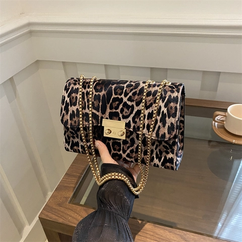 Damen Leopardenmuster Schultertasche Kunstleder Quadratische Unterarmtasche Mit Metallkette Verschluss Vintage Freizeit Tasche
