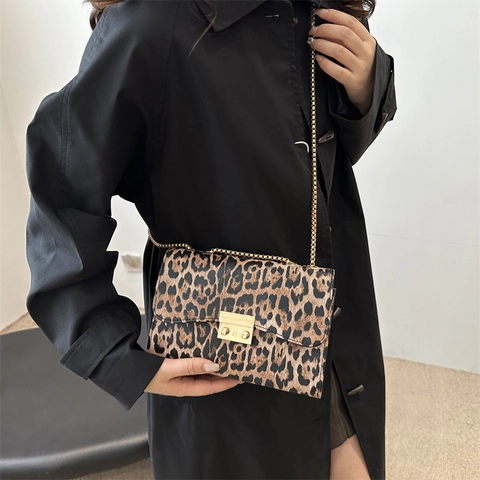 Damen Leopardenmuster Schultertasche Kunstleder Quadratische Unterarmtasche Mit Metallkette Verschluss Vintage Freizeit Tasche
