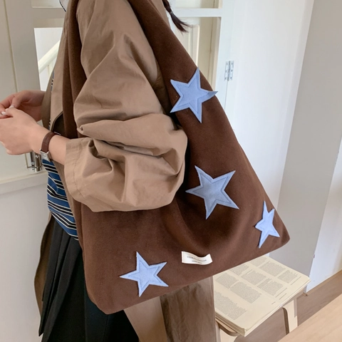 Große Kapazität Wolle Stern Stickerei Tragetasche Casual Schulterhandtasche Koreanischer Stil Student Pendler Shopping Tasche Für Damen