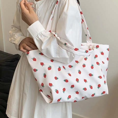 Bolso Tote de Nylon con Estampado de Fresa de Gran Capacidad para Mujer Bolso de Hombro Casual Diario Bolso de Mano