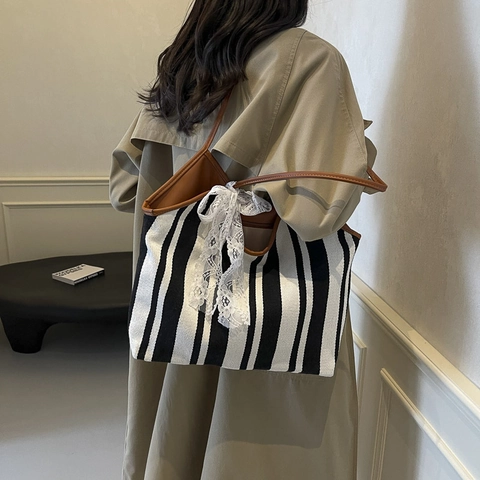 Grand Sac Cabas Rayé en Toile pour Femmes Avec Nœud en Dentelle Grande Capacité Mode Rétro Sac à Épaule Quotidien