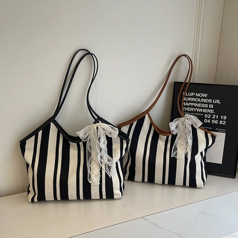 Grand Sac Cabas Rayé en Toile pour Femmes Avec Nœud en Dentelle Grande Capacité Mode Rétro Sac à Épaule Quotidien