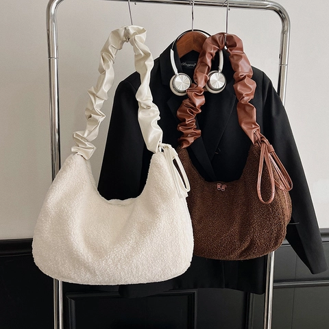 Women's Fashion Lamb Wool Plush Hobo Shoulder Bag Large Capacity Vintage Ruched Strap Crossbody Handbag For Autumn Winter