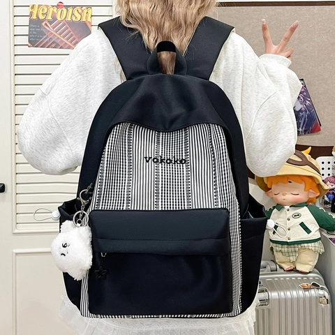 Koreaanse Stijl Grote Capaciteit Nylon Schoolrugzak Voor Studenten Gestreept Ruit Patchwork Reizen Dagrugzak Met Borduurwerk