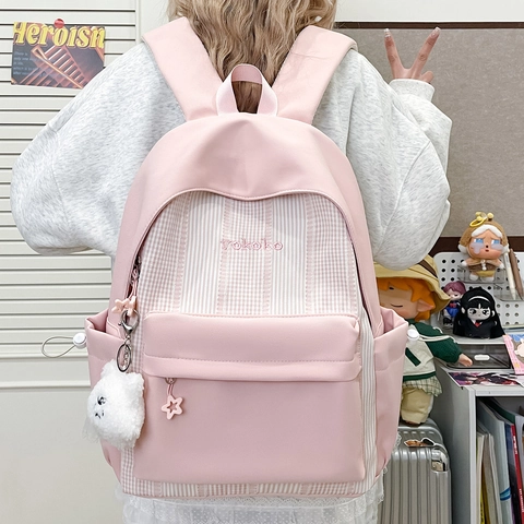 Koreaanse Stijl Grote Capaciteit Nylon Schoolrugzak Voor Studenten Gestreept Ruit Patchwork Reizen Dagrugzak Met Borduurwerk