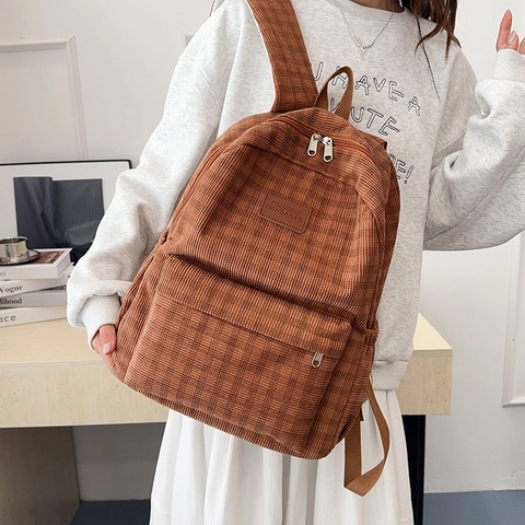 Mochila de Pana a Cuadros para Mujer Gran Capacidad Bolsa Escolar para Niñas Adolescentes Urbano Simple Casual Rejilla Viaje