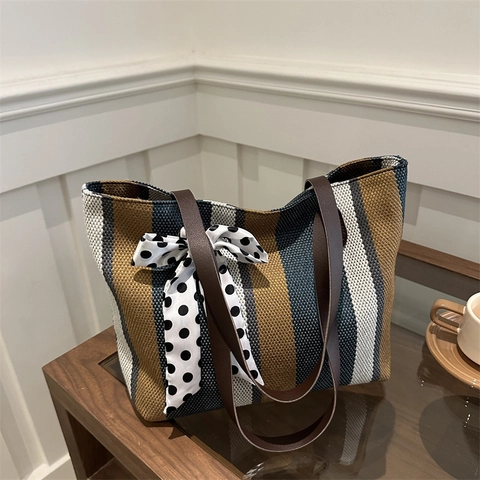 Women Fashion Striped Canvas Tote Bag Large Capacity Shoulder Bag With Polka Dot Silk Scarf Bow Casual Commuter Handbag