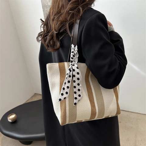 Women Fashion Striped Canvas Tote Bag Large Capacity Shoulder Bag With Polka Dot Silk Scarf Bow Casual Commuter Handbag