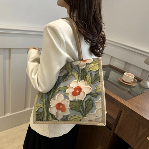 Women Vintage Floral Printed Canvas Tote Bag Large Capacity Casual Shoulder Bag Artistic Handbag For Daily Commuting Shopping Travel