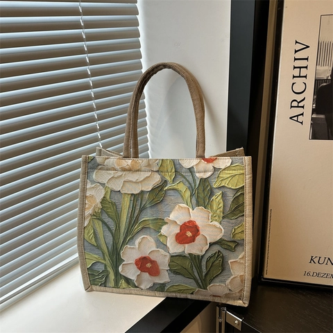 Women Vintage Floral Printed Canvas Tote Bag Large Capacity Casual Shoulder Bag Artistic Handbag For Daily Commuting Shopping Travel