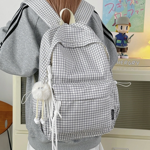 Koreanischer Stil Karo Rucksack Für Damen Studenten Große Kapazität Leichte Schultasche Mit Plüschanhänger Ins Schulrucksack