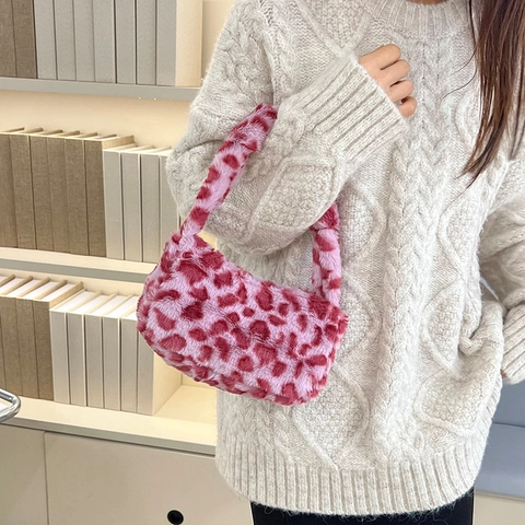 Winter Women Plush Underarm Bag Faux Fur Shoulder Bag Leopard Print Soft Handbag Casual Small Fresh Daily Matching Purse