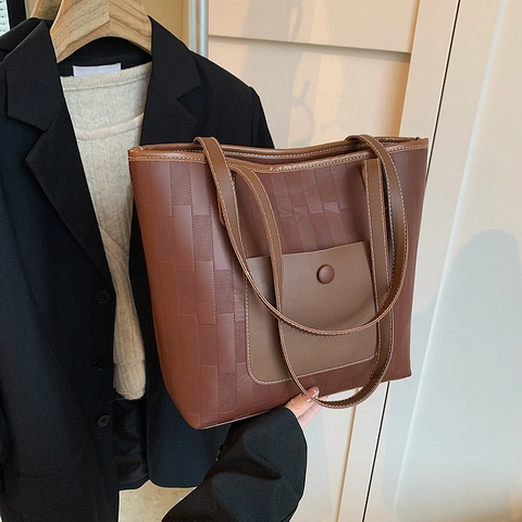 Borsa Tote in Camoscio di Grande Capacità per Donna Vintage a Quadri Borsa a Mano Pendolare Borsa a Tracolla Con Tasca Frontale Cuciture Casual