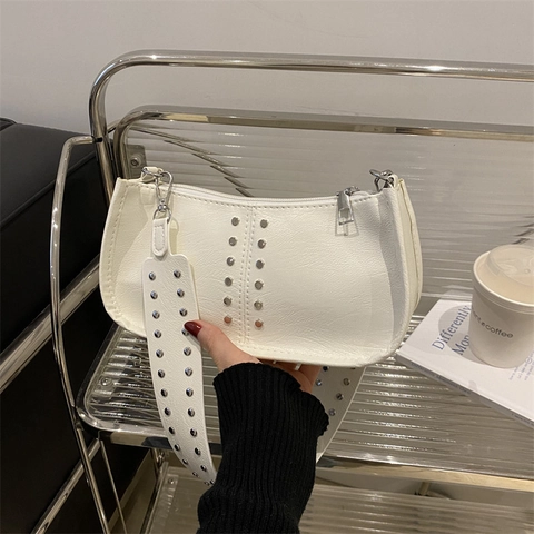 Vintage Rivet Underarm Bag For Women Synthetic Leather Shoulder Bag With Silver Metal Studs Daily Commuting Fashion Handbag