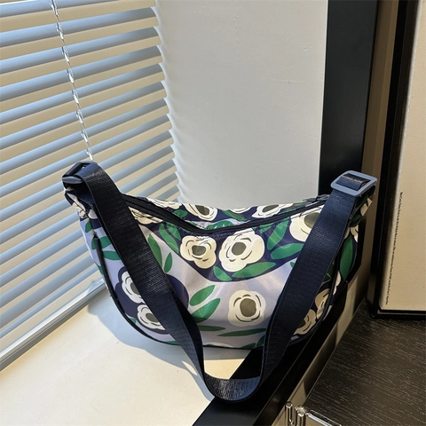 Women Nylon Crescent Bag Striped Floral Print Large Capacity Crossbody Shoulder Bag Casual Commuter Underarm Bag